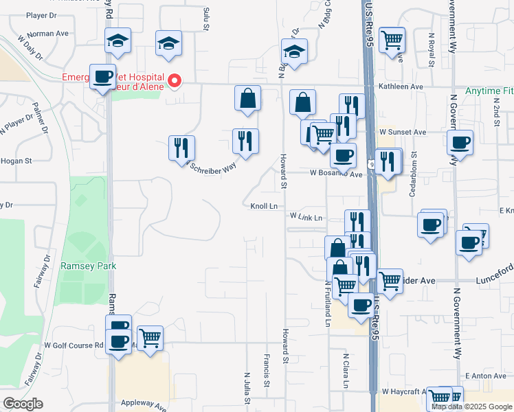 map of restaurants, bars, coffee shops, grocery stores, and more near 955 Knoll Lane in Coeur d'Alene