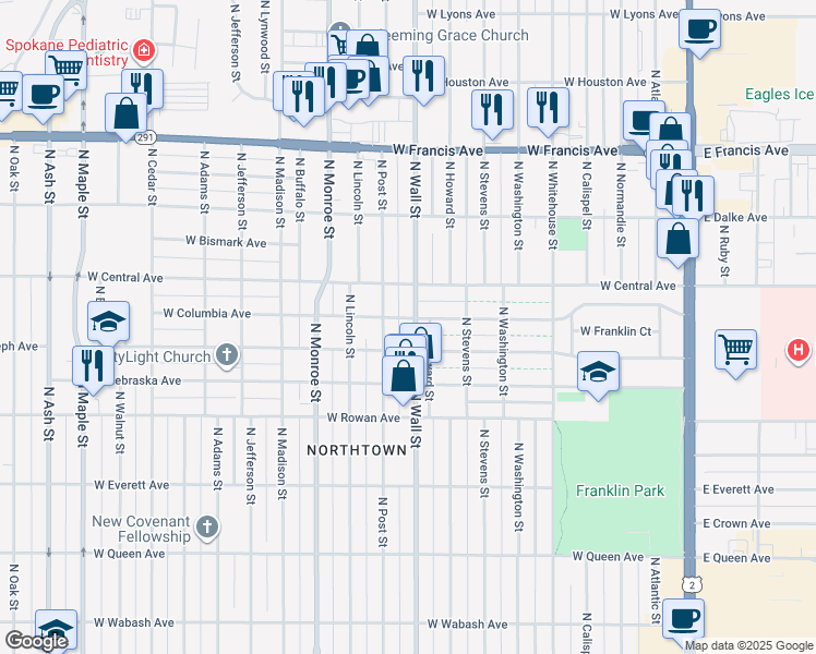 map of restaurants, bars, coffee shops, grocery stores, and more near 5721 North Wall Street in Spokane