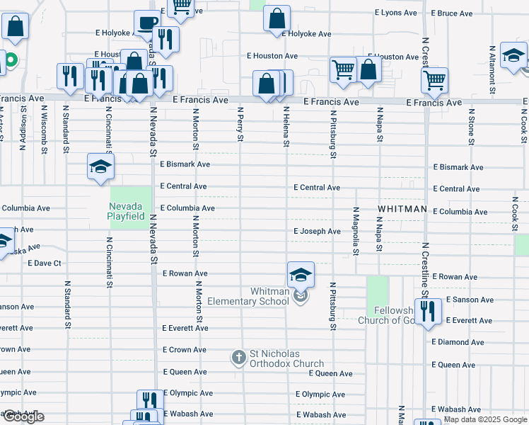 map of restaurants, bars, coffee shops, grocery stores, and more near 1504 East Columbia Avenue in Spokane