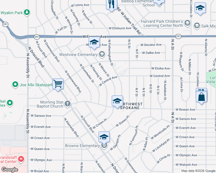 map of restaurants, bars, coffee shops, grocery stores, and more near 5714 North Fleming Street in Spokane