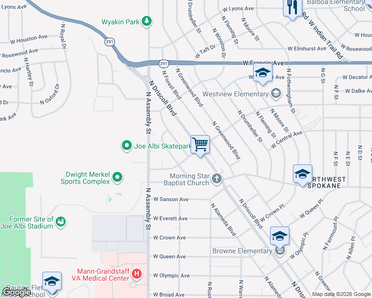 map of restaurants, bars, coffee shops, grocery stores, and more near 5716 North Alameda Boulevard in Spokane