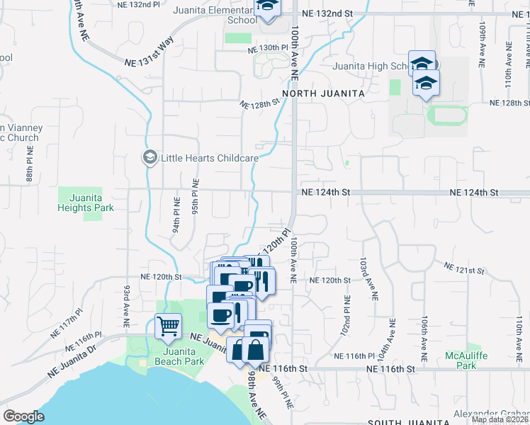map of restaurants, bars, coffee shops, grocery stores, and more near 9907 Northeast 124th Street in Kirkland