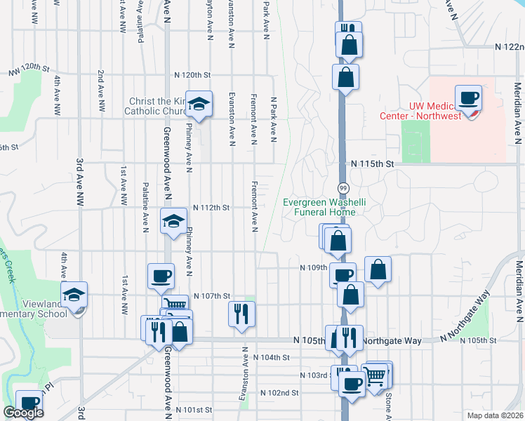 map of restaurants, bars, coffee shops, grocery stores, and more near 11062 Fremont Avenue North in Seattle
