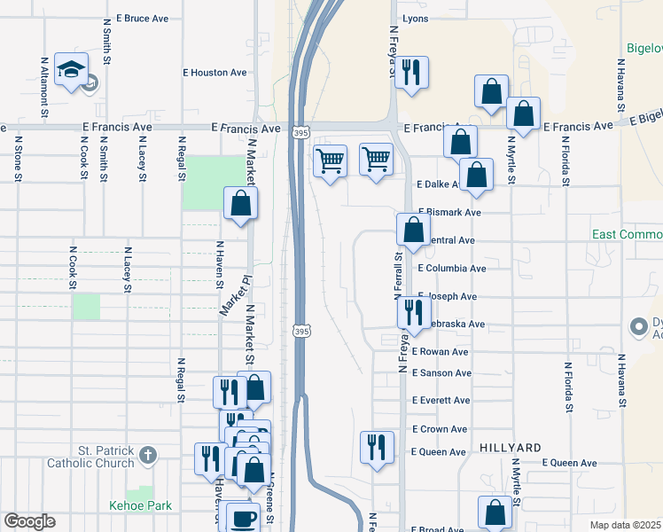 map of restaurants, bars, coffee shops, grocery stores, and more near 3412 East Bismark Court in Spokane