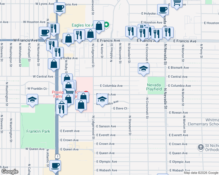 map of restaurants, bars, coffee shops, grocery stores, and more near 432 East Columbia Avenue in Spokane