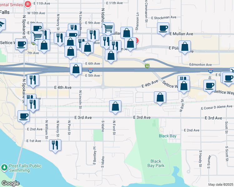 map of restaurants, bars, coffee shops, grocery stores, and more near 910 East 4th Avenue in Post Falls
