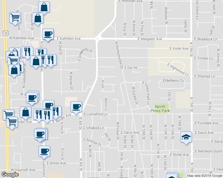 map of restaurants, bars, coffee shops, grocery stores, and more near 747 East Red Fir Lane in Coeur d'Alene