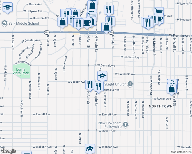 map of restaurants, bars, coffee shops, grocery stores, and more near 5714 North Maple Street in Spokane