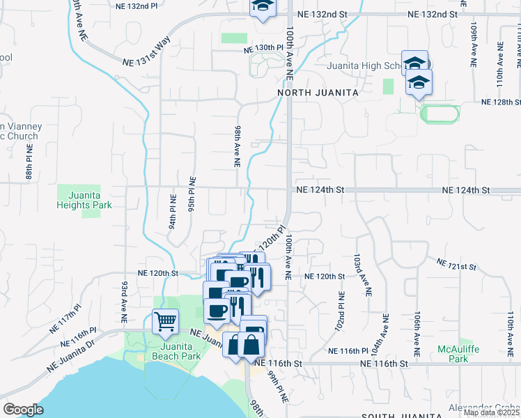 map of restaurants, bars, coffee shops, grocery stores, and more near 9907 Northeast 124th Street in Kirkland