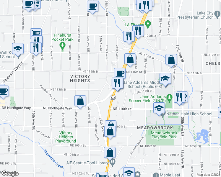 map of restaurants, bars, coffee shops, grocery stores, and more near 11285 Lake City Way Northeast in Seattle
