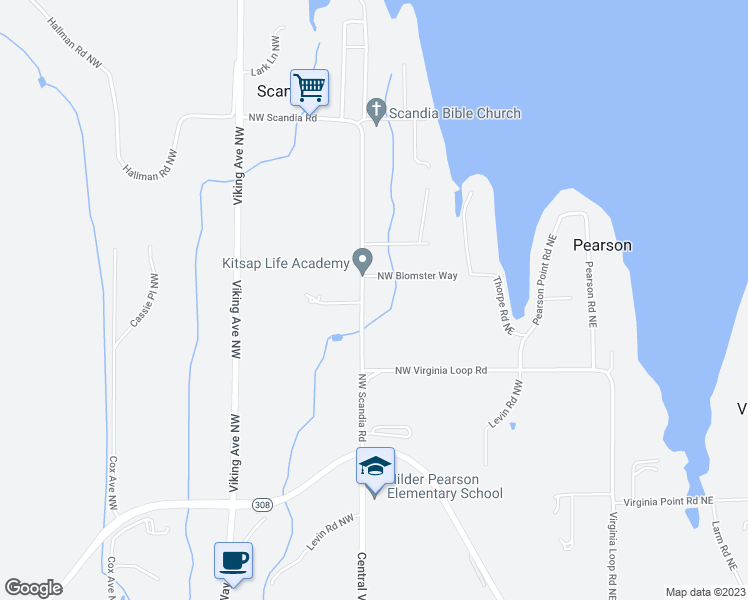 map of restaurants, bars, coffee shops, grocery stores, and more near 16300 Scandia Road Northwest in Poulsbo