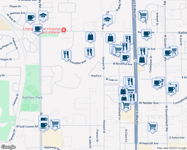 map of restaurants, bars, coffee shops, grocery stores, and more near 981 Knoll Lane in Coeur d'Alene