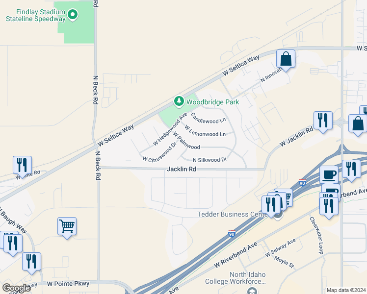 map of restaurants, bars, coffee shops, grocery stores, and more near 5049 West Palmwood Lane in Post Falls