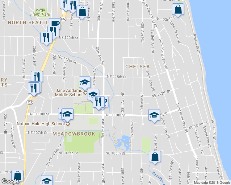 map of restaurants, bars, coffee shops, grocery stores, and more near 3544 Northeast 113th Street in Seattle