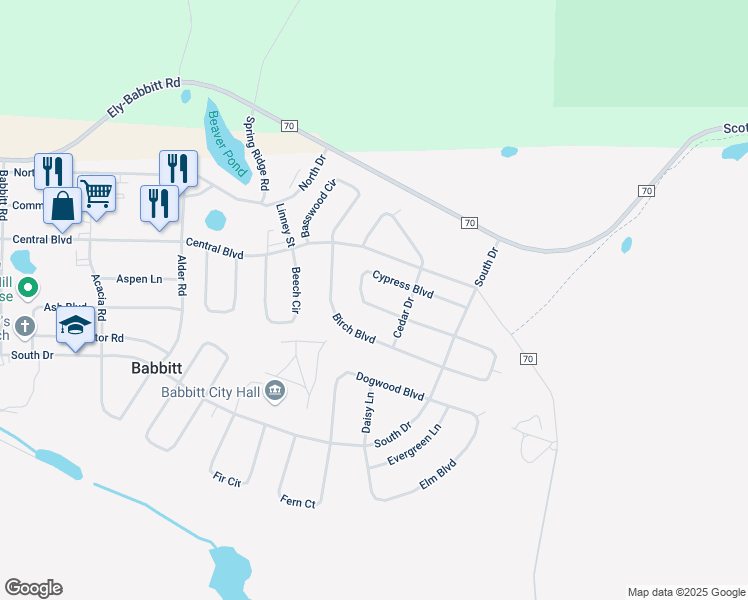 map of restaurants, bars, coffee shops, grocery stores, and more near 26 Cypress Boulevard in Babbitt