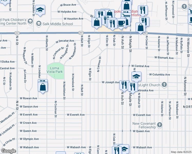map of restaurants, bars, coffee shops, grocery stores, and more near 5717 North Cannon Street in Spokane