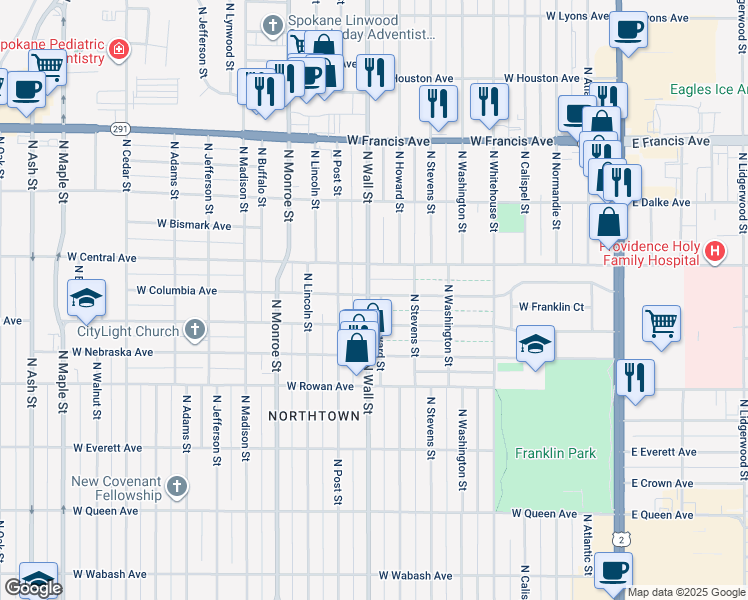 map of restaurants, bars, coffee shops, grocery stores, and more near 5724 North Wall Street in Spokane