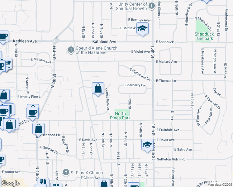 map of restaurants, bars, coffee shops, grocery stores, and more near 1281 Elderberry Circle in Coeur d'Alene