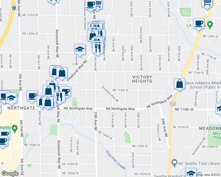 map of restaurants, bars, coffee shops, grocery stores, and more near 11305 17th Avenue Northeast in Seattle