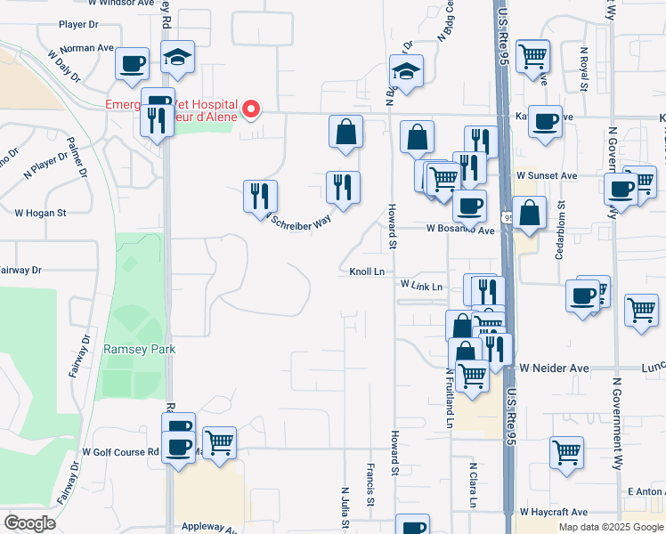 map of restaurants, bars, coffee shops, grocery stores, and more near 4355 Meadow Ranch Avenue in Coeur d'Alene