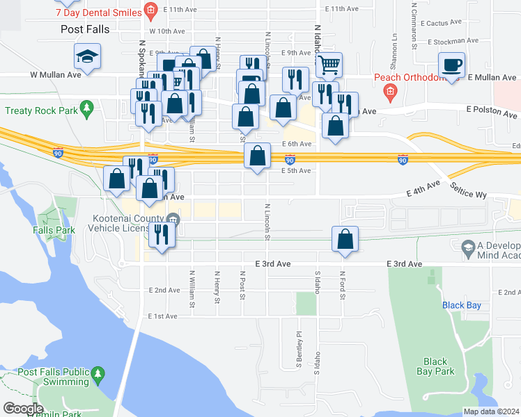 map of restaurants, bars, coffee shops, grocery stores, and more near 503 Railroad Avenue in Post Falls