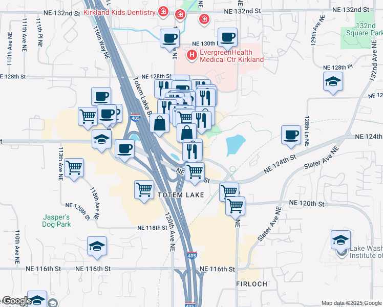 map of restaurants, bars, coffee shops, grocery stores, and more near 12502 Totem Lake Boulevard Northeast in Kirkland