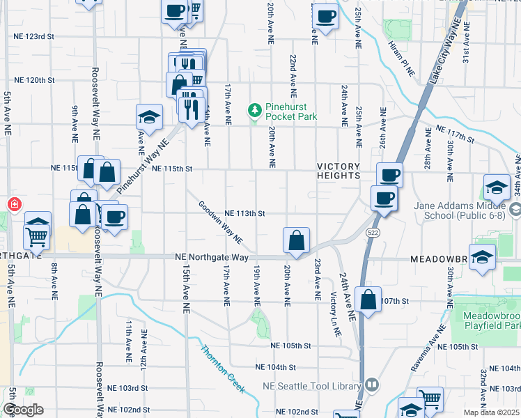 map of restaurants, bars, coffee shops, grocery stores, and more near 1734 Northeast 113th Street in Seattle
