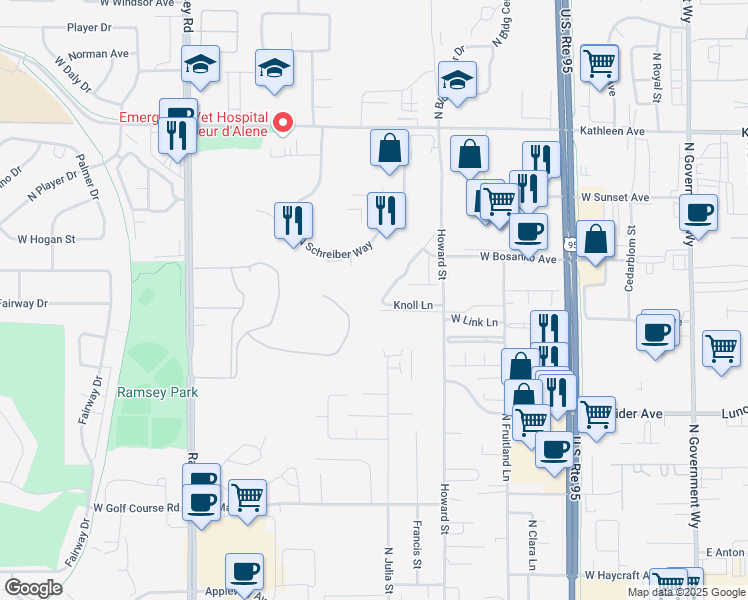 map of restaurants, bars, coffee shops, grocery stores, and more near 4355 Meadow Ranch Avenue in Coeur d'Alene