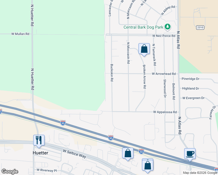 map of restaurants, bars, coffee shops, grocery stores, and more near 3511 Buckskin Road in Coeur d'Alene