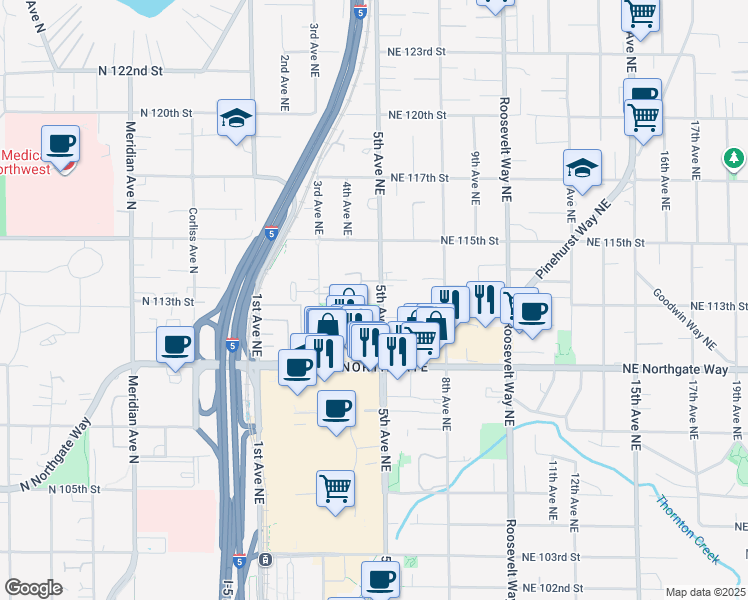 map of restaurants, bars, coffee shops, grocery stores, and more near 11065 5th Avenue Northeast in Seattle