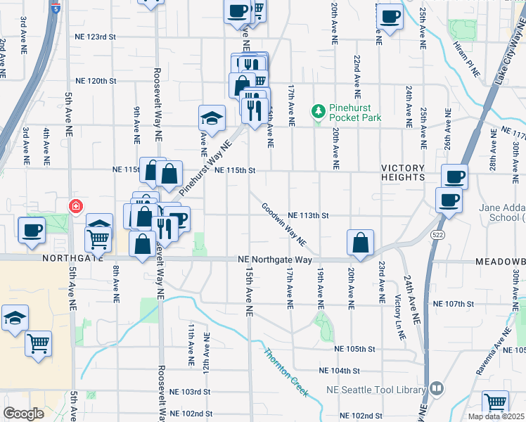 map of restaurants, bars, coffee shops, grocery stores, and more near 11309 Goodwin Way Northeast in Seattle