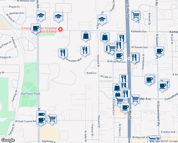 map of restaurants, bars, coffee shops, grocery stores, and more near 981 Knoll Lane in Coeur d'Alene