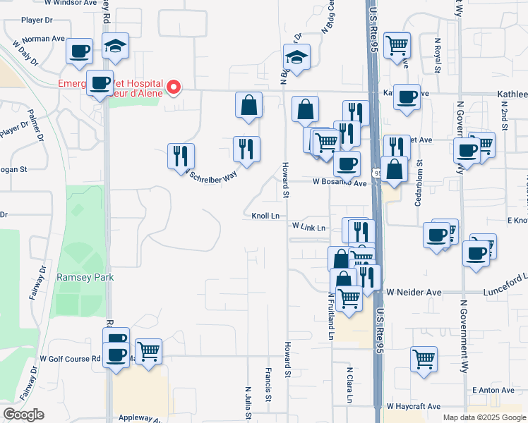 map of restaurants, bars, coffee shops, grocery stores, and more near 955 Knoll Lane in Coeur d'Alene