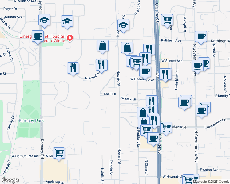 map of restaurants, bars, coffee shops, grocery stores, and more near 895 Knoll Lane in Coeur d'Alene