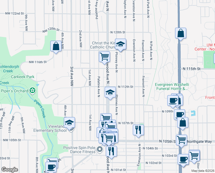 map of restaurants, bars, coffee shops, grocery stores, and more near Greenwood Ave N & N 112th St in Seattle