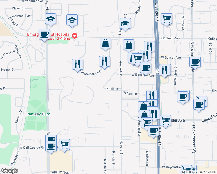 map of restaurants, bars, coffee shops, grocery stores, and more near 995 Knoll Lane in Coeur d'Alene
