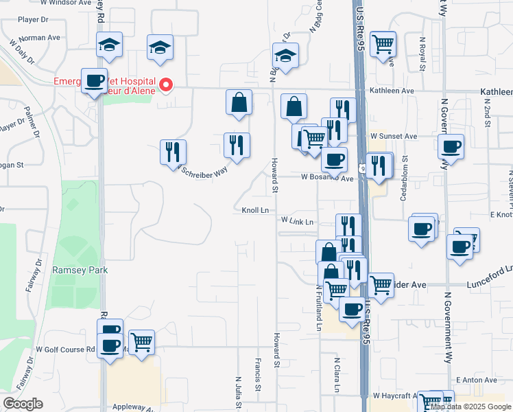 map of restaurants, bars, coffee shops, grocery stores, and more near 943 Knoll Lane in Coeur d'Alene