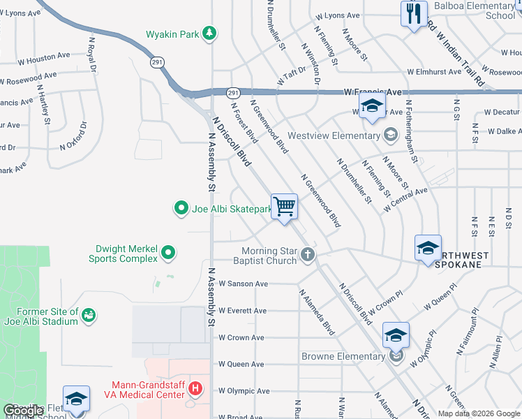 map of restaurants, bars, coffee shops, grocery stores, and more near 5716 N Alameda Blvd in Spokane