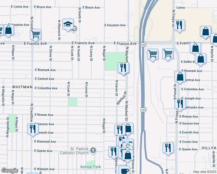 map of restaurants, bars, coffee shops, grocery stores, and more near 2911 East Columbia Avenue in Spokane