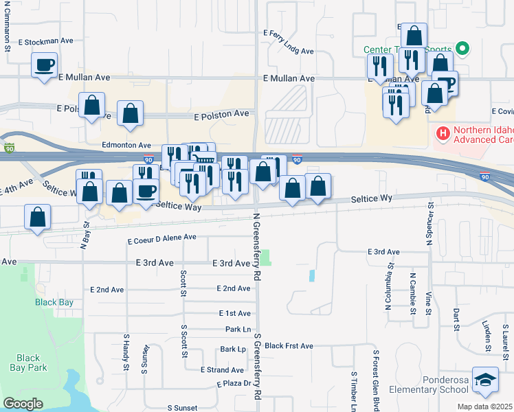 map of restaurants, bars, coffee shops, grocery stores, and more near E Seltice Way & N Greensferry Rd in Post Falls