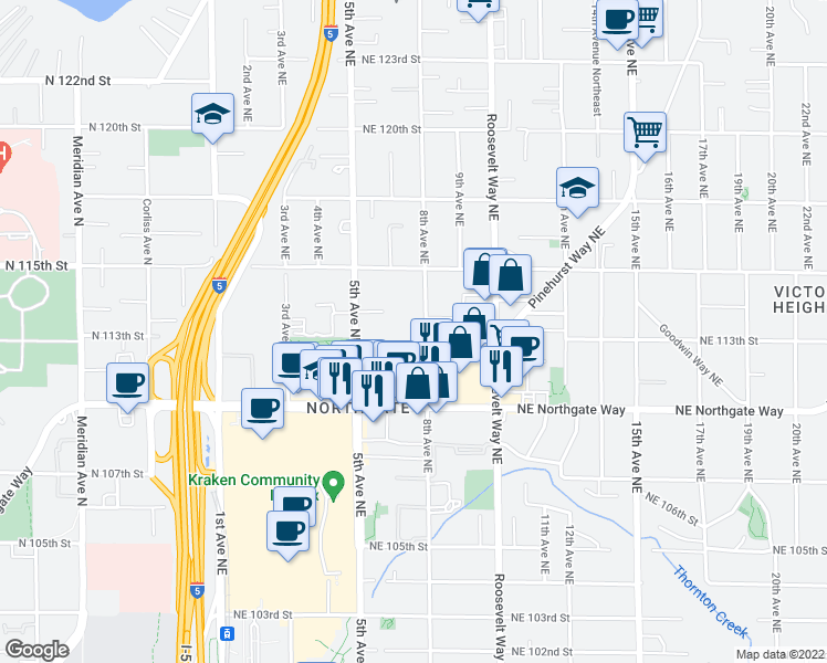 map of restaurants, bars, coffee shops, grocery stores, and more near 11147 8th Avenue Northeast in Seattle