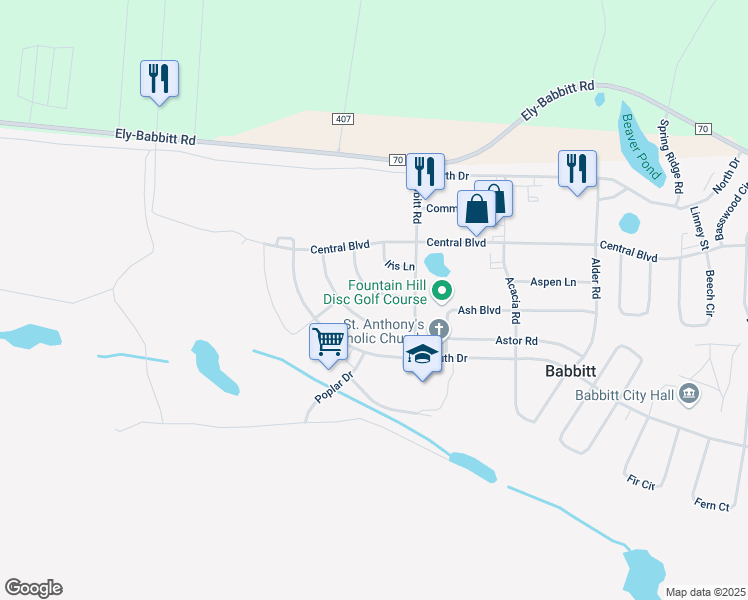 map of restaurants, bars, coffee shops, grocery stores, and more near 28 Ivy Boulevard in Babbitt