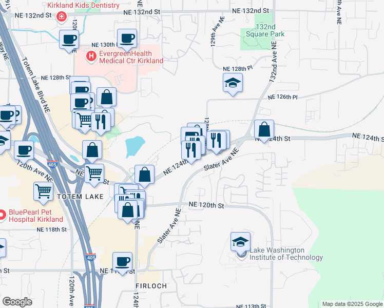 map of restaurants, bars, coffee shops, grocery stores, and more near 12700 Northeast 124th Street in Kirkland