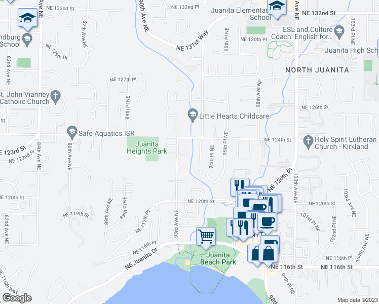 map of restaurants, bars, coffee shops, grocery stores, and more near 9320 Northeast 123rd Court in Kirkland