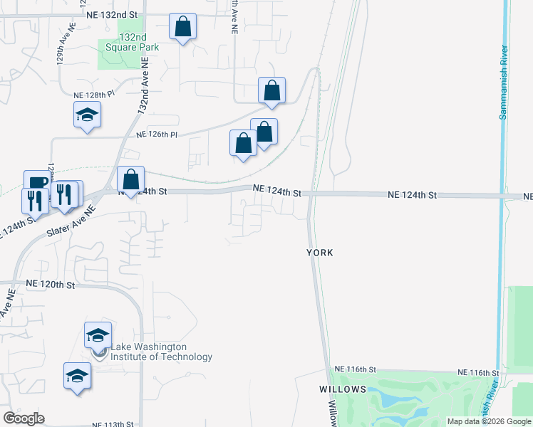 map of restaurants, bars, coffee shops, grocery stores, and more near 13571-13981 Northeast 124th Street in Redmond