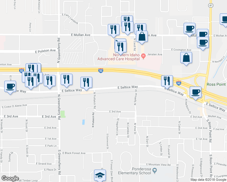map of restaurants, bars, coffee shops, grocery stores, and more near 3000 East Seltice Way in Post Falls