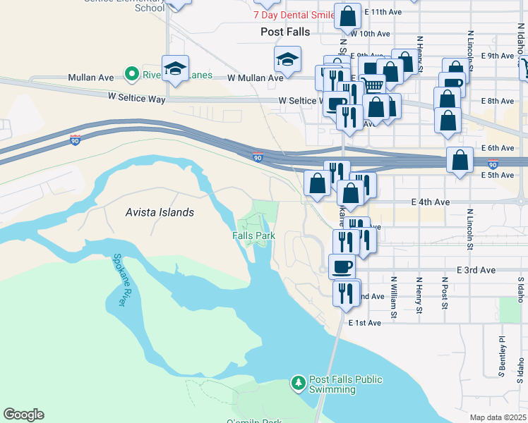 map of restaurants, bars, coffee shops, grocery stores, and more near 305 West 4th Avenue in Post Falls
