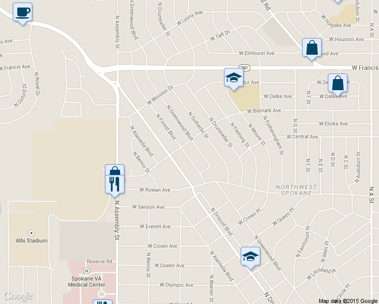map of restaurants, bars, coffee shops, grocery stores, and more near 5618 North Forest Boulevard in Spokane