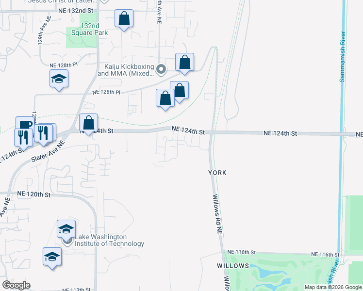 map of restaurants, bars, coffee shops, grocery stores, and more near 13571-13981 Northeast 124th Street in Redmond