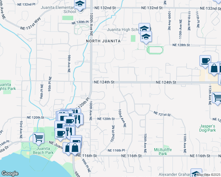 map of restaurants, bars, coffee shops, grocery stores, and more near 10213 Northeast 124th Street in Kirkland